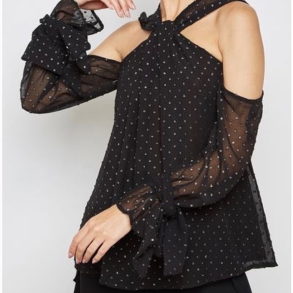 Bardot Swiss Dot Black Cold Shoulder Top - Picture 1 of 7
